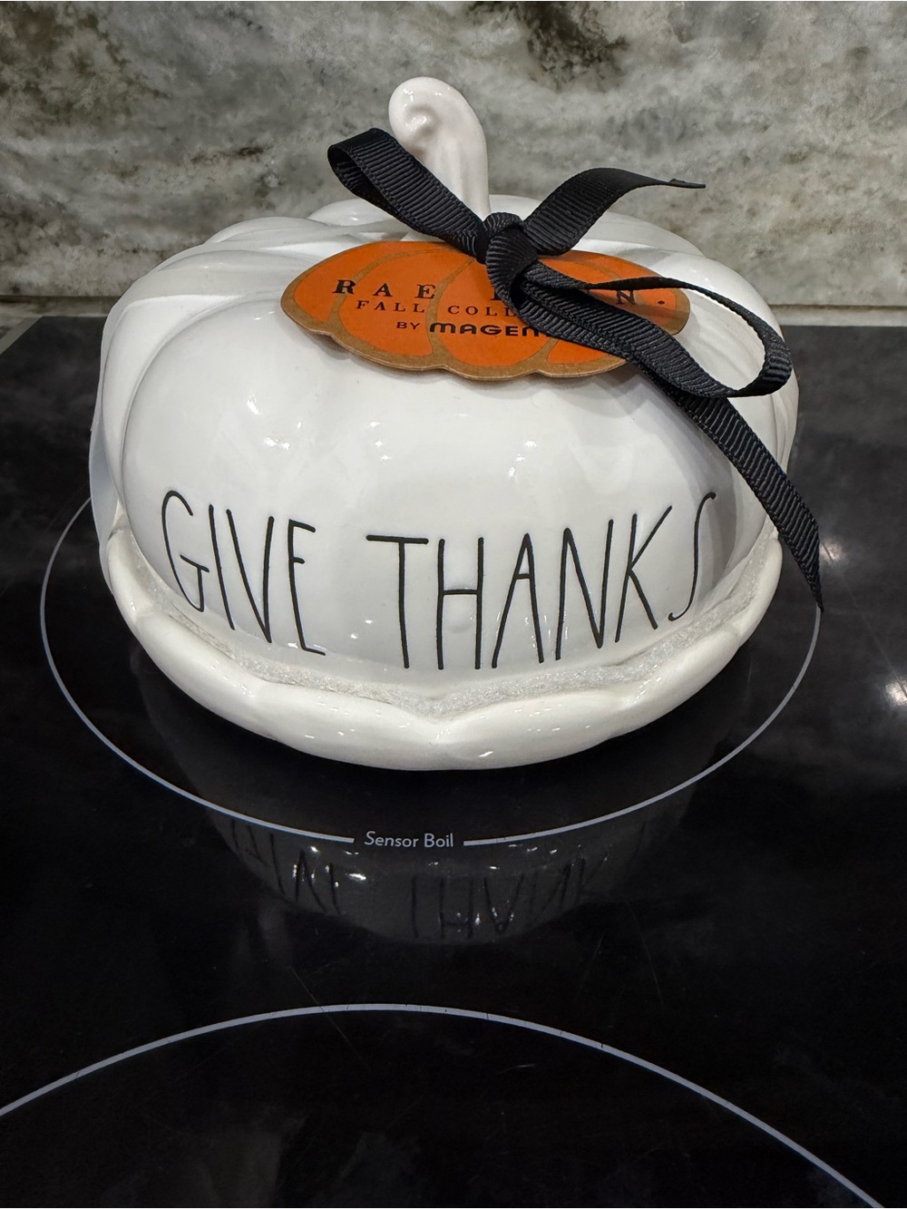 Rae Dunn White Ceramic Pumpkin Dish with Black Ribbon and Orange Tag